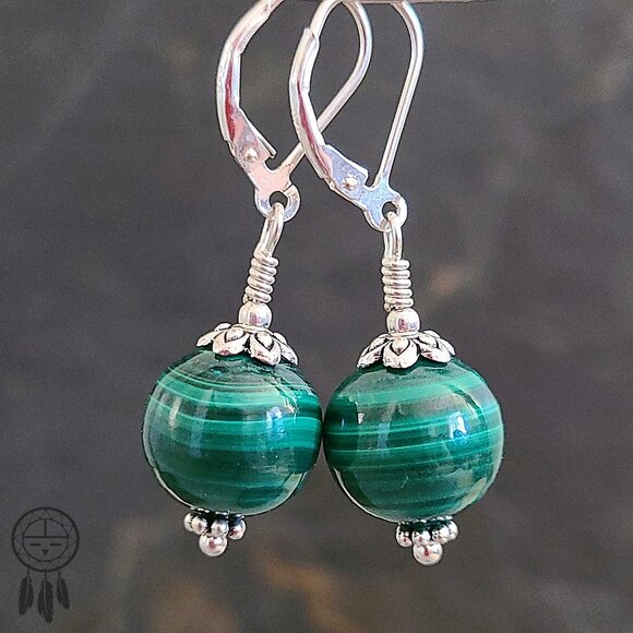 Green Malachite Earrings Sterling Silver Genuine Gemstone - Picture 5 of 14